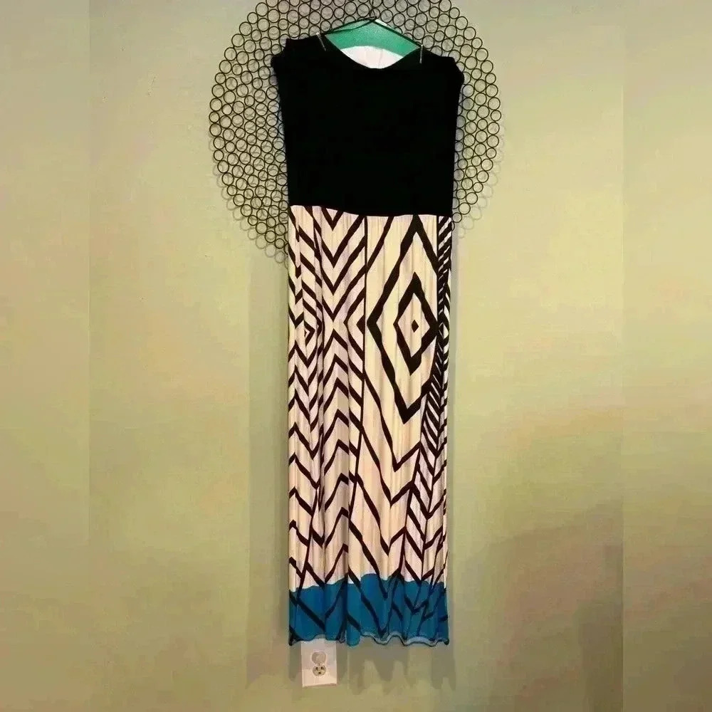 Envi - Maxi strapless black, cream, and blue cotton dress- Size Large